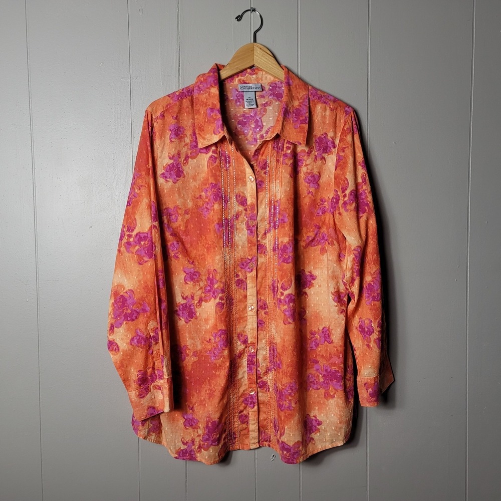 LIZ & ME CATHERINES ORANGE PINK FLORAL BUTTON DOWN SHIRT EMBELLISHED WOMENS 1X